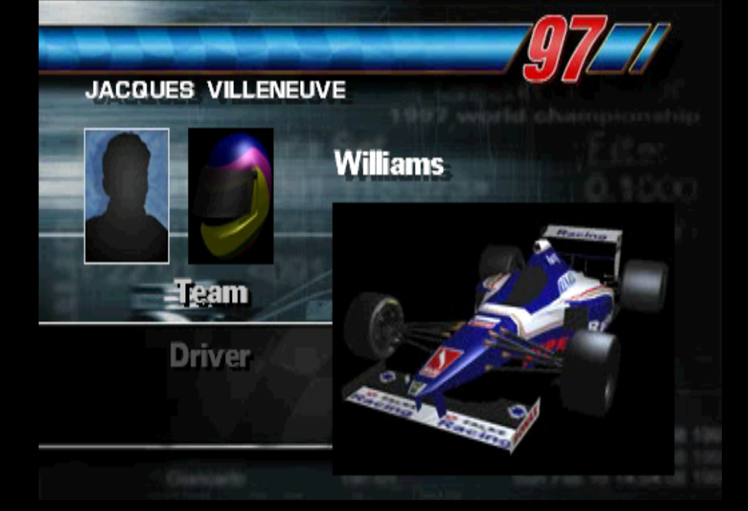 Jacques Villeneuve's name and helmet appears but his photo is just a silhouette.