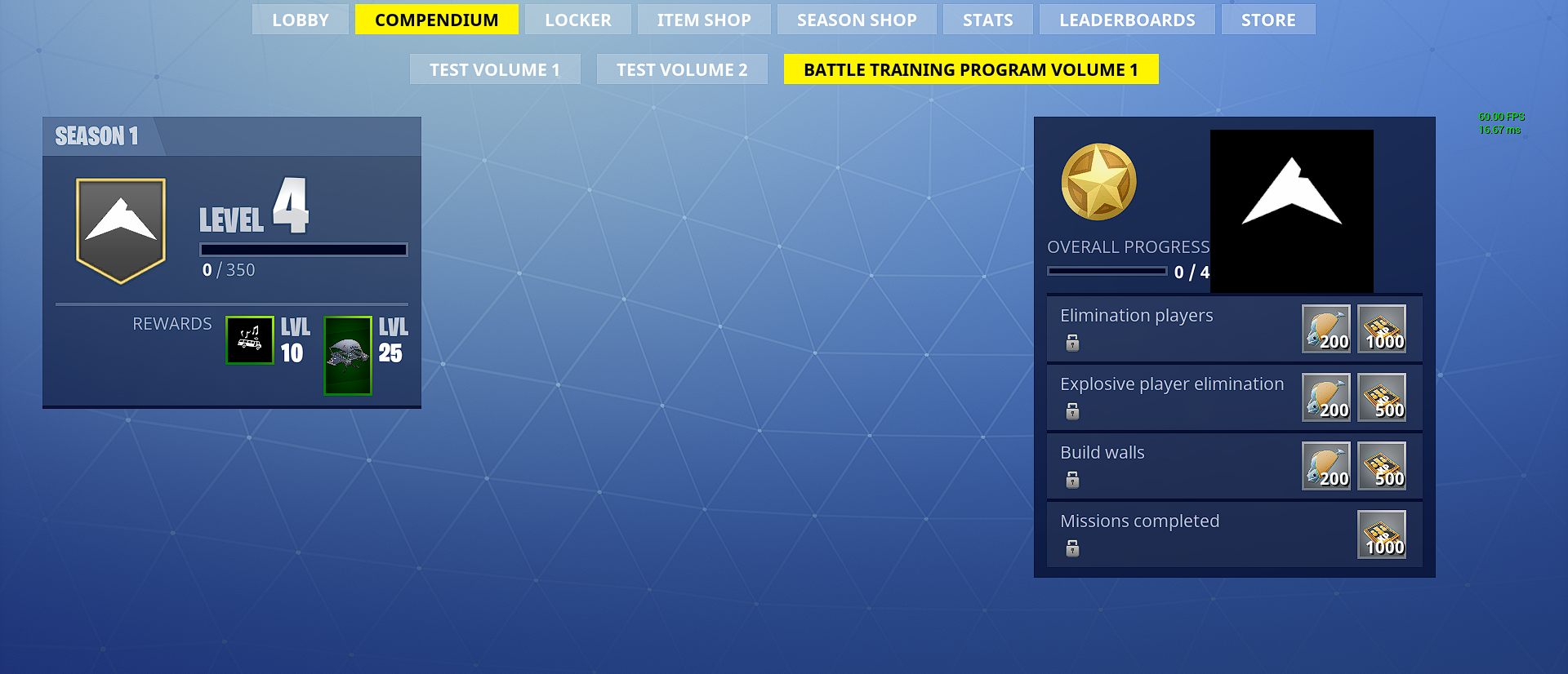 The Compendium interface, which shows Battle Bucks being rewarded for completing challenges.