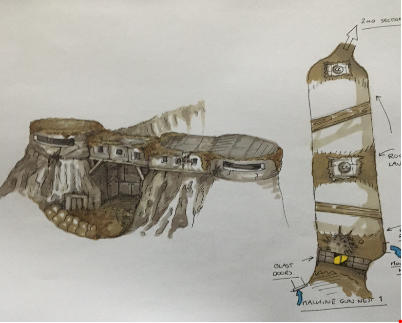 Overview of the Machine Gun Nests - Conker was originally planned to open the Blast Doors to unlock the next section, and retrieve a Rocket Launcher. This concept art does not appear in the Map Structure. Overview of the Machine Gun Nests - Conker was originally planned to open the Blast Doors to unlock the next section, and retrieve a Rocket Launcher. This concept art does not appear in the Map Structure.