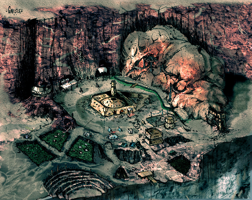 Aerial View of Gnisis - An aerial overview of Gnisis. The final game's version of the city follows this layout quite similarly.