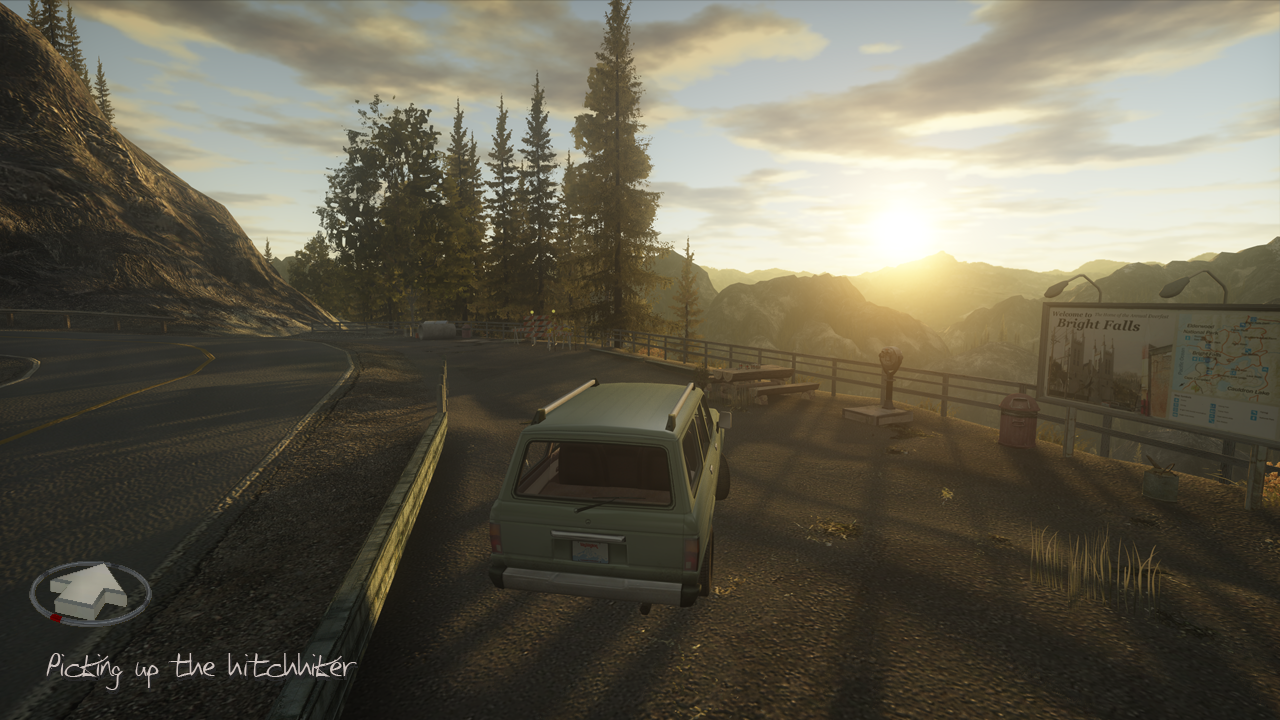 Alan on the way back to his cabin, picking up the hitchhiker on the way