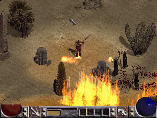 Old interface, Kick skill, vampires outside in desert.