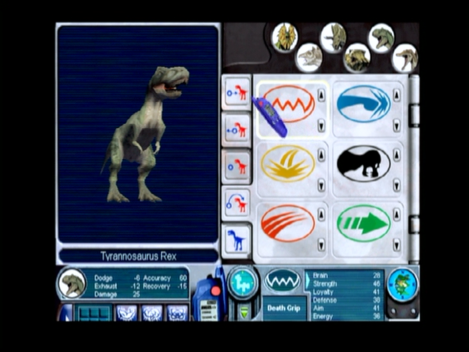 This image also comes from the same trailer. There's a lot of noticeable differences with the interface however, the reason this is here is because the Dilo is depicted in the Raptor's spot on the lab menu. Seems the Dilophosaurus was replaced with the Velociraptor at one point for unknown reasons. Probably because the Raptor was more popular and played a larger role in the series since it had appeared in three movies at the time as opposed to the Dilophosaurus' one. This image also comes from the same trailer. There's a lot of noticeable differences with the interface however, the reason this is here is because the Dilo is depicted in the Raptor's spot on the lab menu. Seems the Dilophosaurus was replaced with the Velociraptor at one point for unknown reasons. Probably because the Raptor was more popular and played a larger role in the series since it had appeared in three movies at the time as opposed to the Dilophosaurus' one.