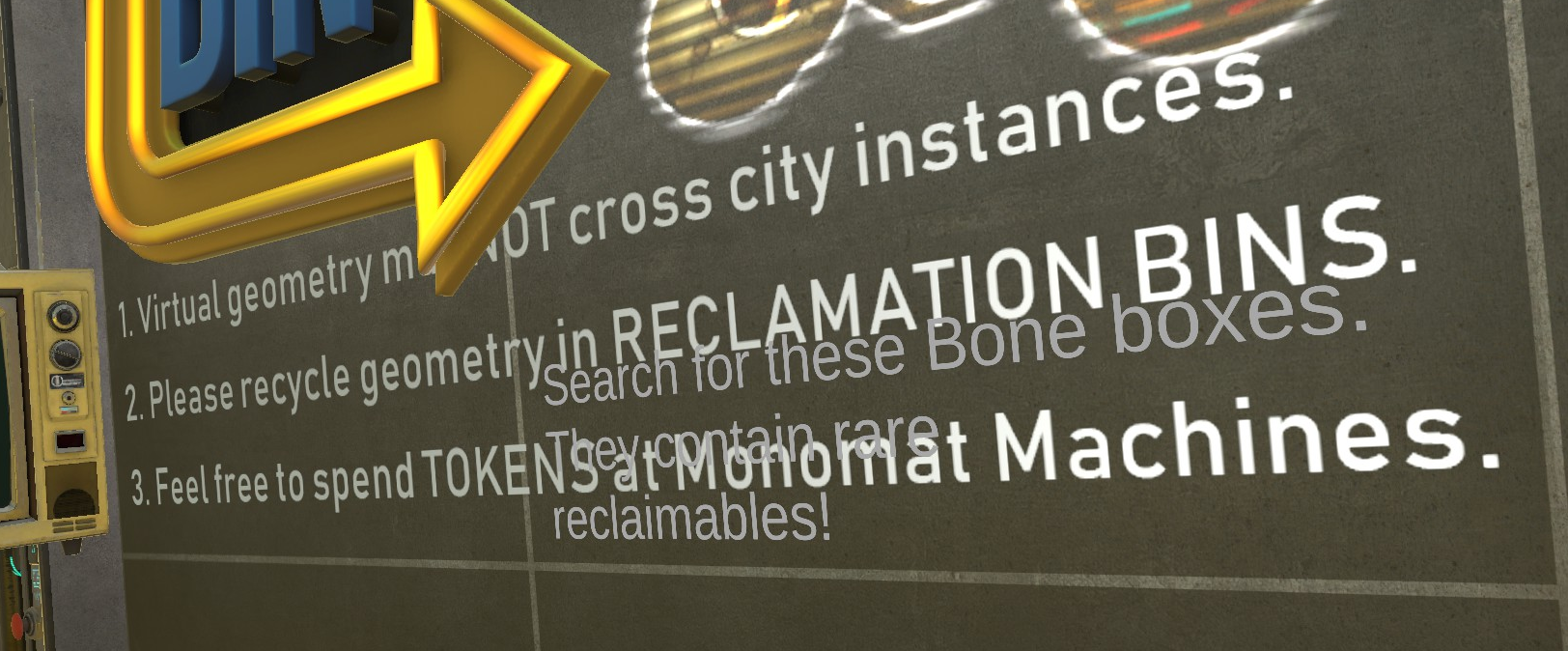 1. Virtual Geometry must NOT cross city instances.  2. Please recycle geometry in RECLAMATION BINS.  3. Feel free to spend TOKENS at Monomat Machines.