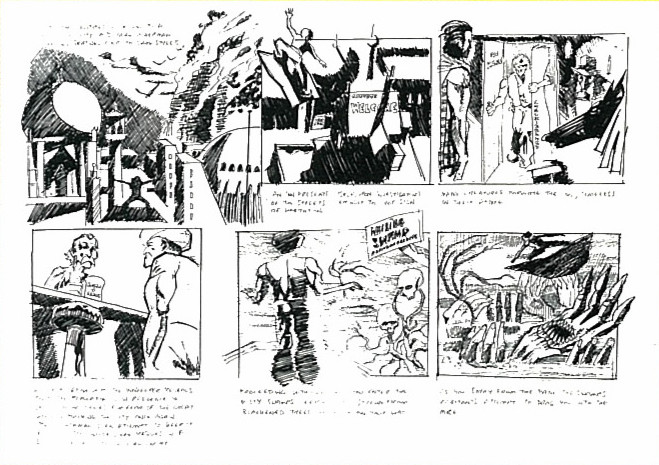 A storyboard for what seems to have been an early intro for the game showing the protagonist arriving on his carpet A storyboard for what seems to have been an early intro for the game showing the protagonist arriving on his carpet