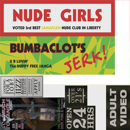 Unused "Nude Girls" and "Bumbaclot's" posters in Beechwood City.
