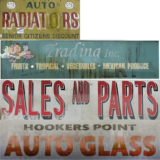Unused "Trading Inc." sign and "Hookers Point" text on Auto Glass sign.