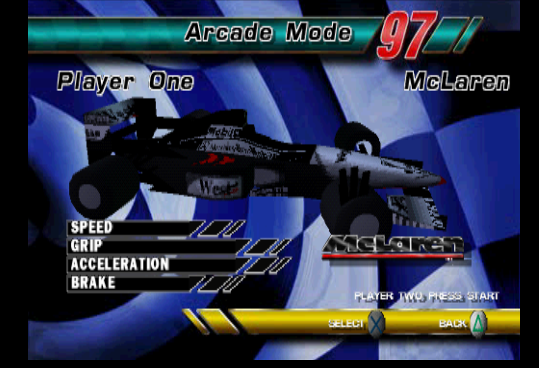 Car selection screen. Showing a 3D model of the McLaren with West tobacco sponsorship. Only McLaren appears to retain their tobacco sponsor.