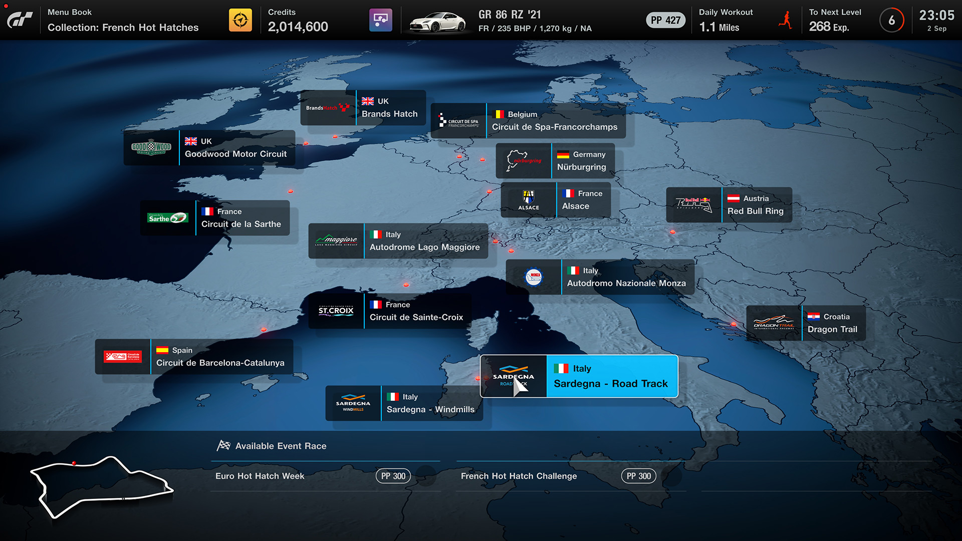 Selecting a track in World Circuits. Captured on September 2, 2021; taken from GT website. Selecting a track in World Circuits. Captured on September 2, 2021; taken from GT website.