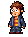 Oswald hiding behind the right side of a table.