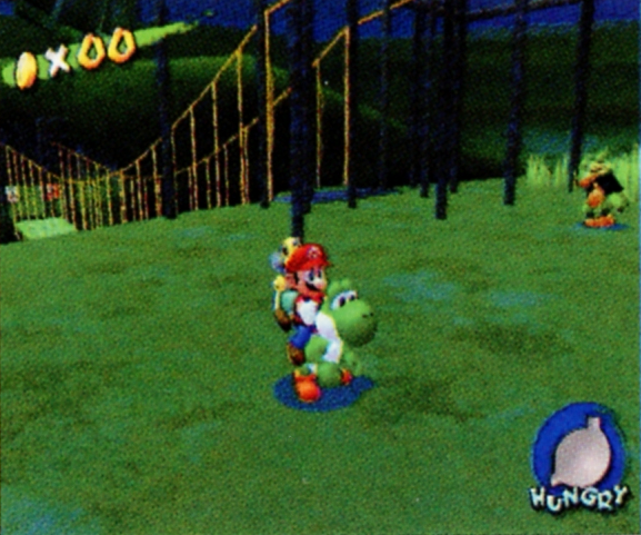 Page 27 of the North American manual contains a screenshot of Mario riding a Green Yoshi in Pianta Village and darker green support beams near the bridge. Across the bridge at Mario's spawn location are Rocket and Turbo Nozzle boxes.