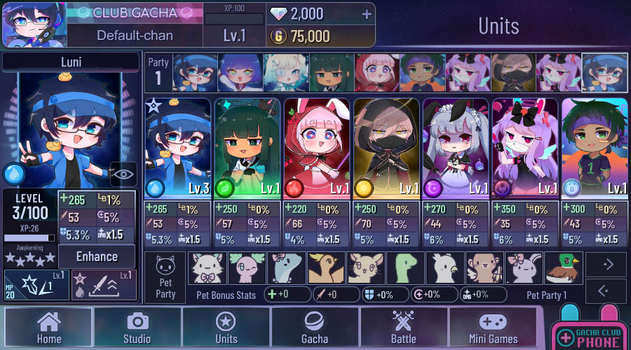 Another Gacha Club pre-release screenshot, showing the "Unit' section.