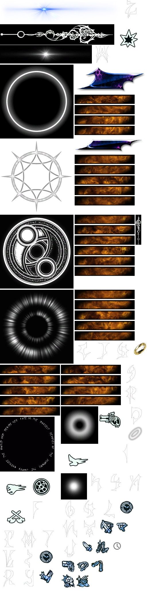 A collection of Combo meter elements from Bayonetta 2, and individual letters from the game's demonic script.