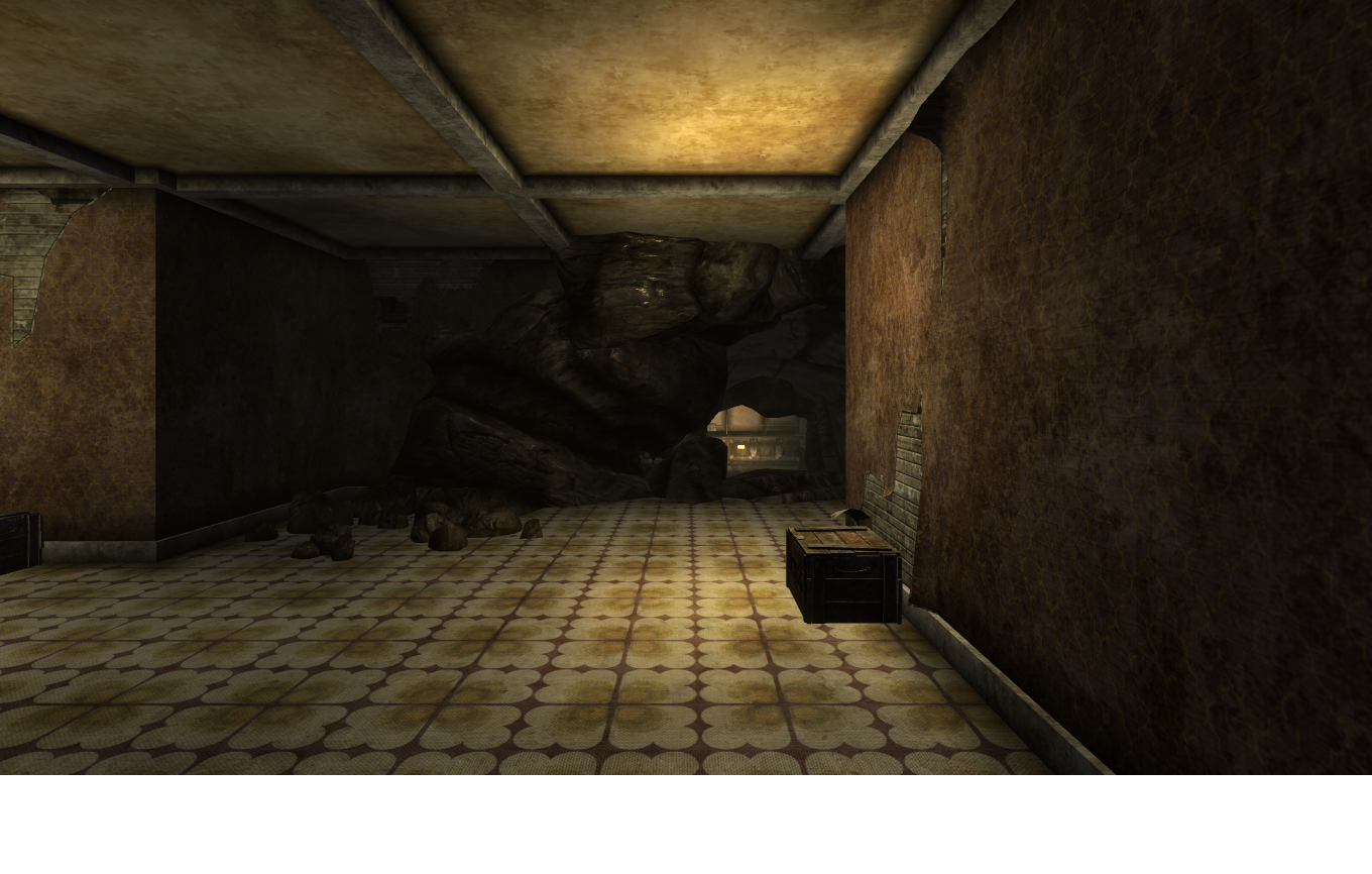 The makeshift entrance to the basement, implied to be the work of Benny with the aid of explosives.