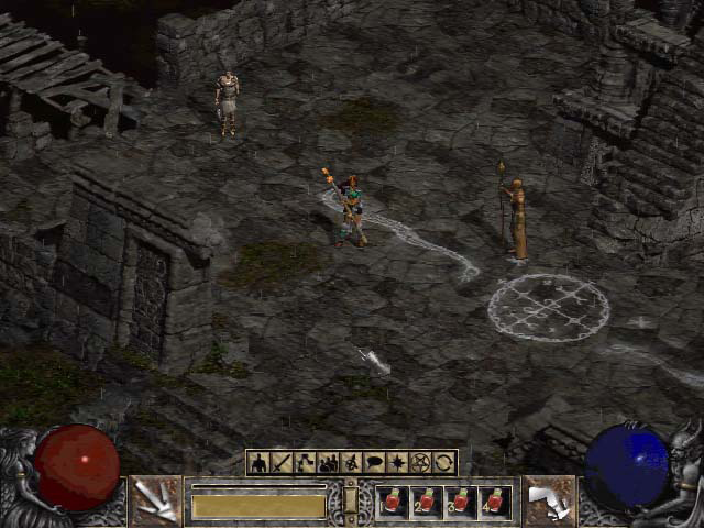 Sorceress with the cut Kick skill selected and different looking potions.