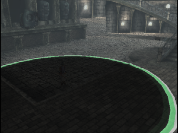 The seafoam green ring has spread further, across the floor, from Ico's position. But the refraction ring now extends unevenly up one wall, making the boundary of the room seem more distant than it is. The seafoam green ring has spread further, across the floor, from Ico's position. But the refraction ring now extends unevenly up one wall, making the boundary of the room seem more distant than it is.