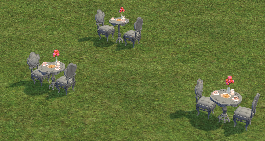 Three tea tables with no defined colors, only the upper "Giant" table can be walked into and used. Three tea tables with no defined colors, only the upper "Giant" table can be walked into and used.