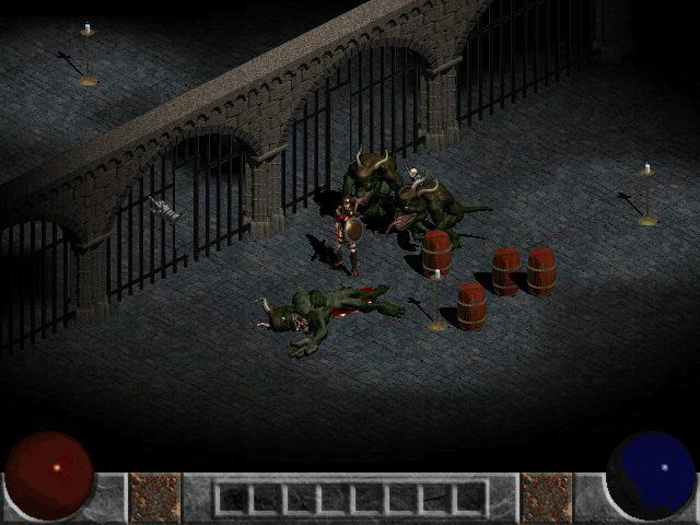 Another iteration of the menu, this time having 8 potion slots. Also, the barrels here seem to be using Diablo 1 graphics. The skill icons are blank. October 1999.