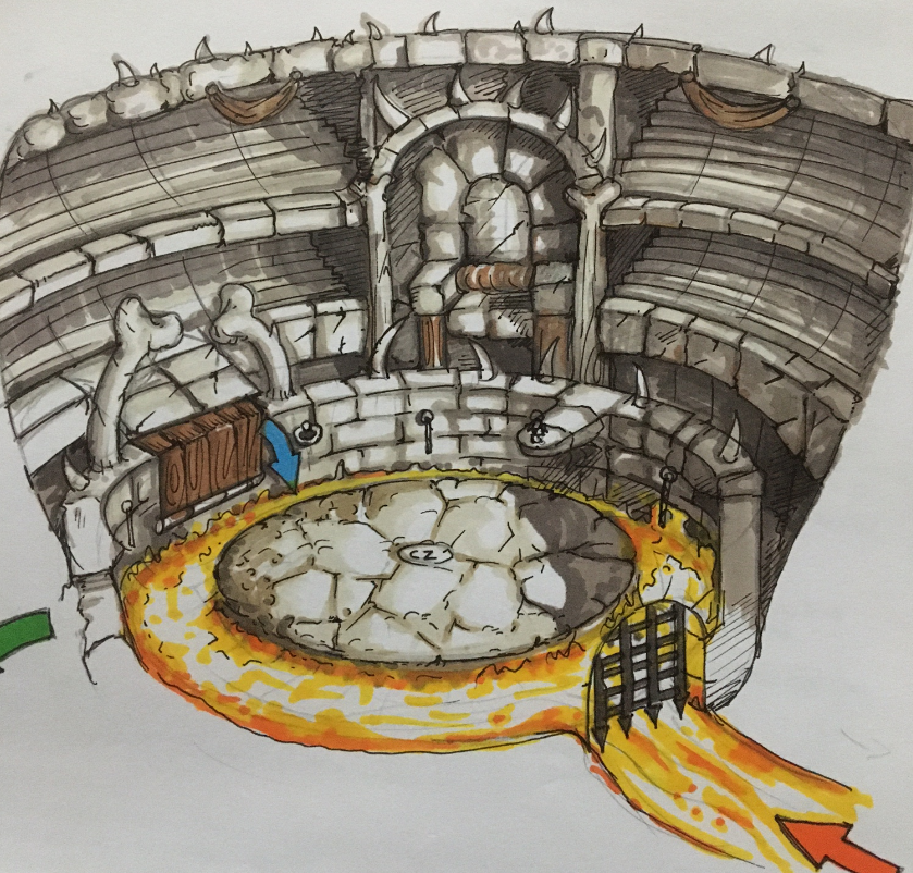 The arena where Conker faces Buga the Knut. Similar to final, with the original exit leading away from the throne. In the final game, the exit is found to the right of the drawbridge, leading to the meeting with Juga. The arena where Conker faces Buga the Knut. Similar to final, with the original exit leading away from the throne. In the final game, the exit is found to the right of the drawbridge, leading to the meeting with Juga.
