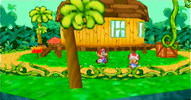 Mario outside of a house with a Toad. Mario outside of a house with a Toad.