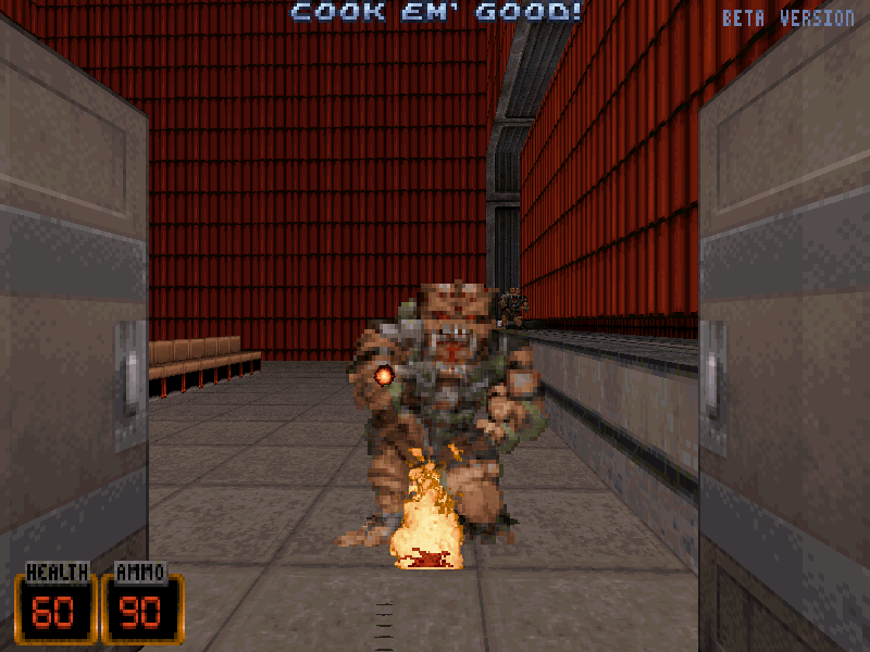 An enemy being hit by the Flamethrower. An enemy being hit by the Flamethrower.