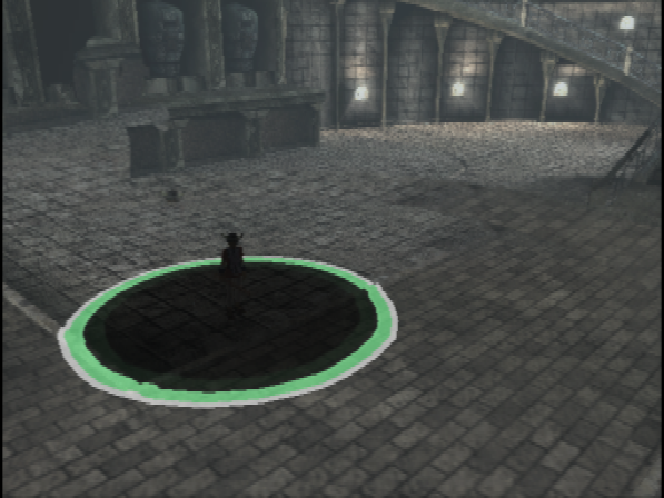 'Select' is pressed. A dark tinted, circular effect begins to spread from Ico's position. But further out from that effect is another, more subtle effect ring, that superimposes a refracted image of its surroundings onto the map. 'Select' is pressed. A dark tinted, circular effect begins to spread from Ico's position. But further out from that effect is another, more subtle effect ring, that superimposes a refracted image of its surroundings onto the map.