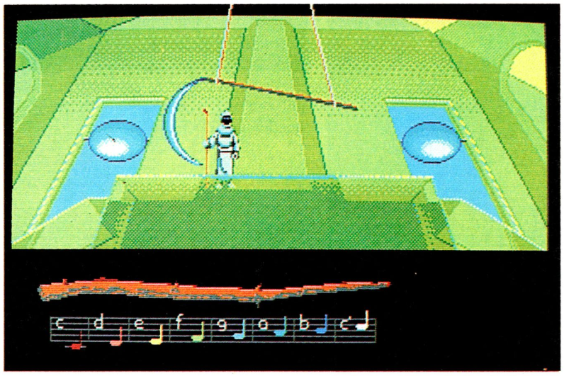 The Great Scythe chamber. The ropes holding the Scythe are no longer white, but the workers on this screen are absent, and the teleportation bells are still missing.