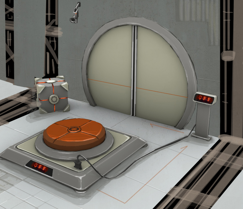 Concept art for the first test chamber. Just your standard cube and button.