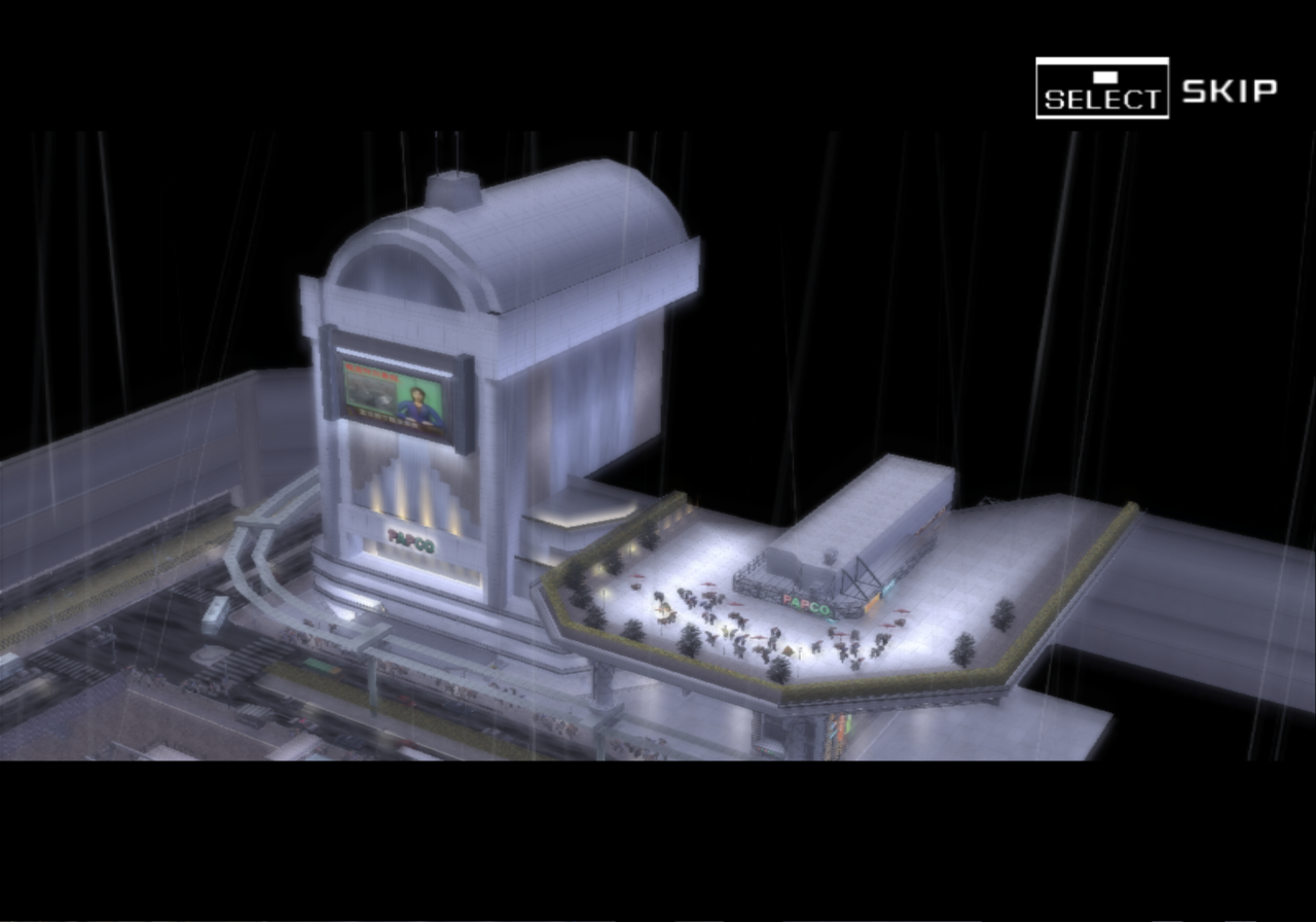 PAPCO building as it appears in the intro cutscene, seen through camera manipulation.