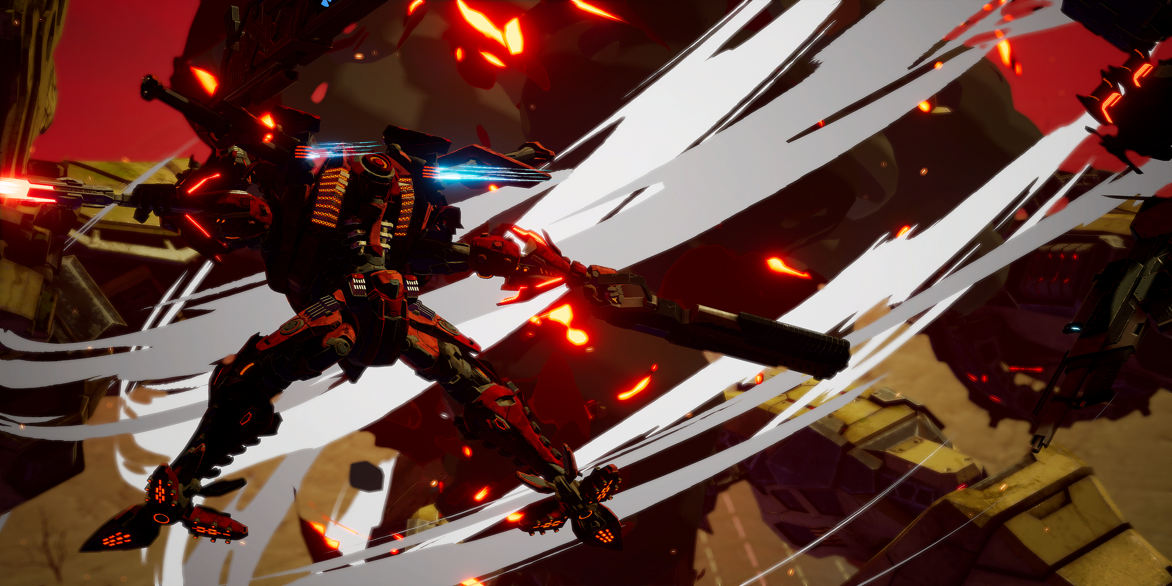Crimson Lord and Diablo (not pictured) defeating the invading Rebellion-pattern Gigant-class Immortals in the final scene of Rank E - Sweep the City [04-0102: Forced Fear].