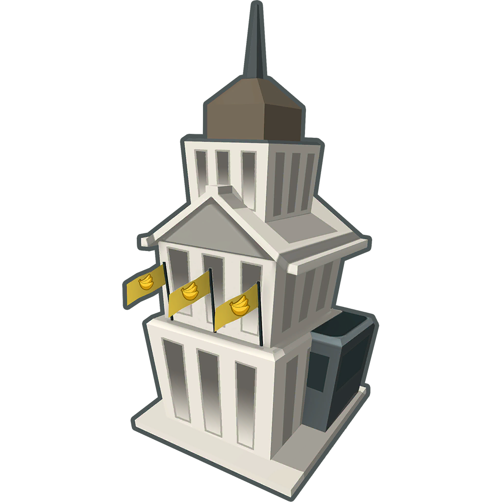 Unused version of 0-0-5 Banana Farm Tower Icon, shows a major redesign, the building is now 3 stories, getting smaller every story, and having a pointed top, there are 3 flags with a banana on them in the front, and a black box in the back, unsure what this is. Curiously, it actually fits with the upgrade icon.