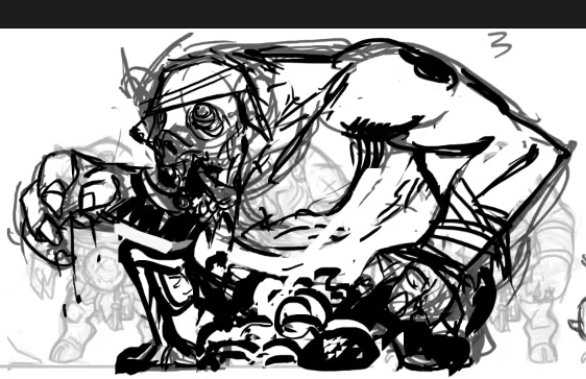 Swine Prince concept art ver 2. Since he's not a very mobile character and the artist thought it was a cool concept, he replaced his two functional legs with a pile of guts and gore.