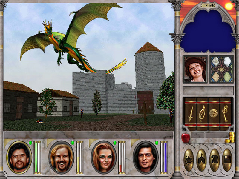 Drake flying over an unknown town - it's very old screenshot, it probably shows even older outdoor area than early New Sorpigal from next images. Houses textures don't appear in vanilla version, moreover all of the party members were later scrapped from the game.
