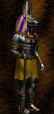 "The Jackalman. I used MetaReyes for the head, I think. We were playing around with so many new programs! I just love Anubis, so this guy was a joy to model. Although his head was way-high-poly. The weapon is a sort of crook, although you can’t see it from this angle (naturally…)."