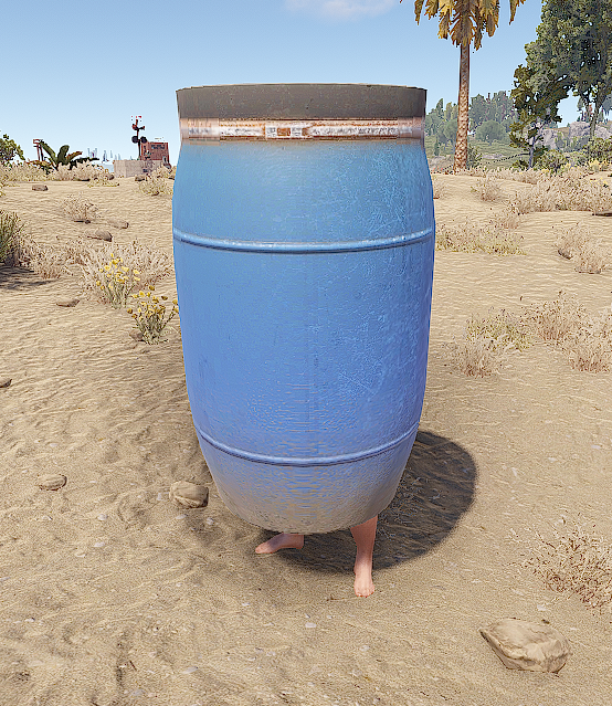 In-game screenshot of the Barrel Costume.