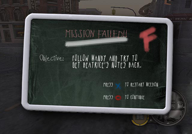 Possibly the earliest in-game screenshot, showing a drastically different Bullworth Town, mostly covered by a Mission Failed tab. The concept of restarting missions right after failing them did not make it to the final game.