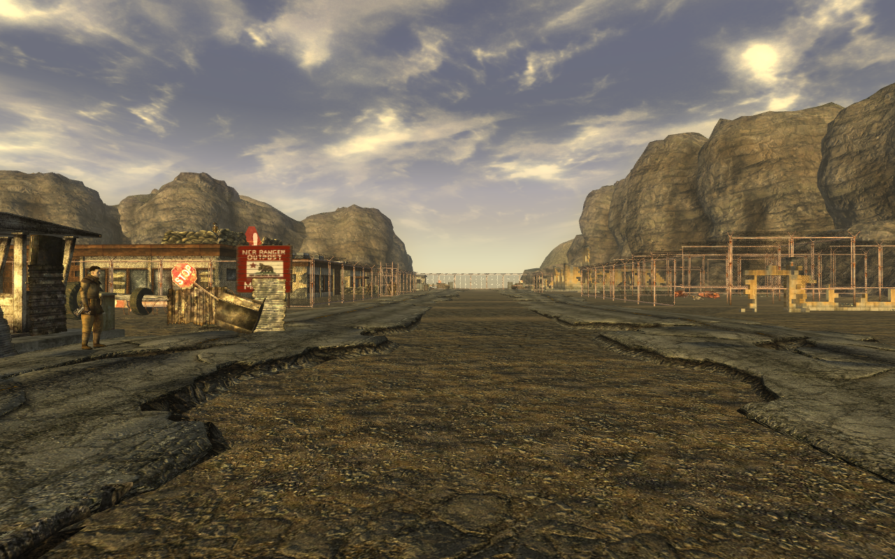 A view of the outpost from the front, Trooper Batow is placed to the left in this image.