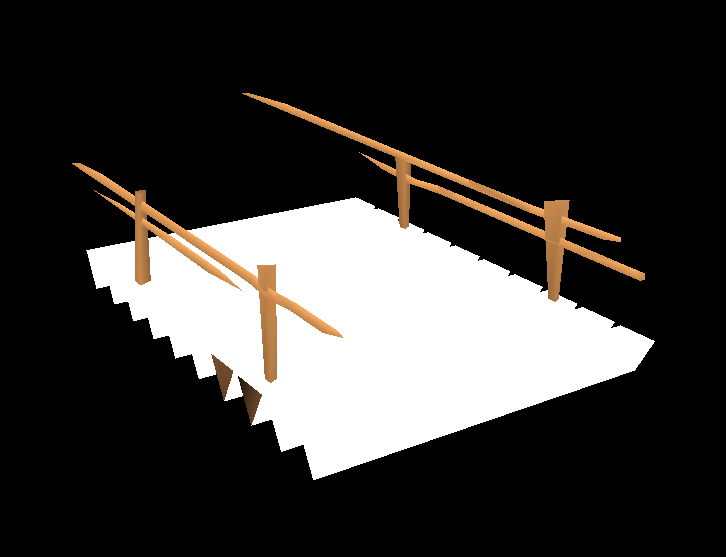 The bridge that is torn apart by the tornado in the early version is much more dynamic than the final's, and contains far more individual pieces. There are over 300 unique models for the tornado bridge, a fraction of which is shown above. The railings of the bridge use a light-blue checkered texture.
