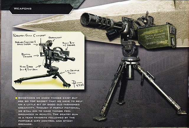 Sentry Gun concept art, alongside a render of the final design.