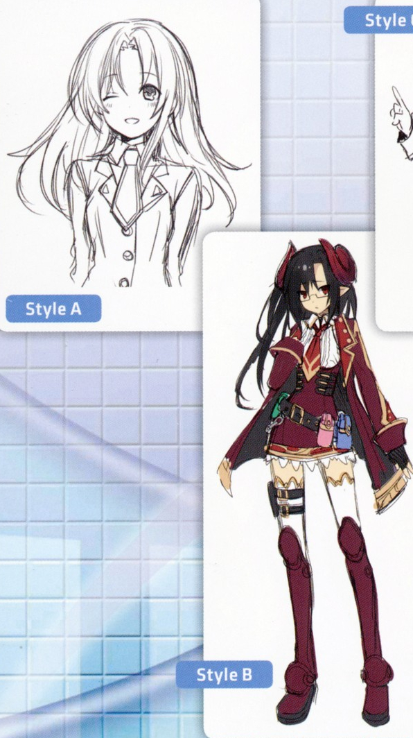 The "Style A" design, as shown in the "Neptunia + mk2 art book", lacked the demonic features, instead wearing a business suit while her bangs were arched both sides instead of at the left.