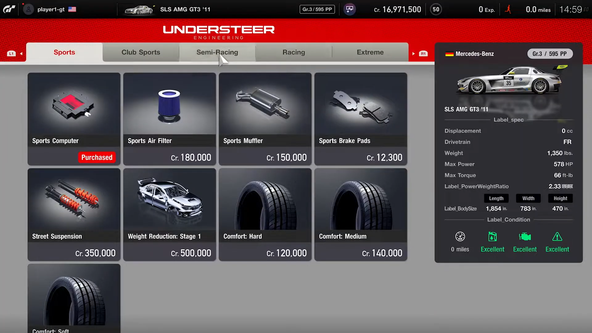 Tuning shop. Mostly same as the post-PlayStation Showcase apart from unlocalized strings (and error in decimalization of car dimensions), except for lack of Brembo branding in brake parts and sports tires was not yet in the Sports tab. This screenshot was also shown with Japanese currency peg. Tuning shop. Mostly same as the post-PlayStation Showcase apart from unlocalized strings (and error in decimalization of car dimensions), except for lack of Brembo branding in brake parts and sports tires was not yet in the Sports tab. This screenshot was also shown with Japanese currency peg.