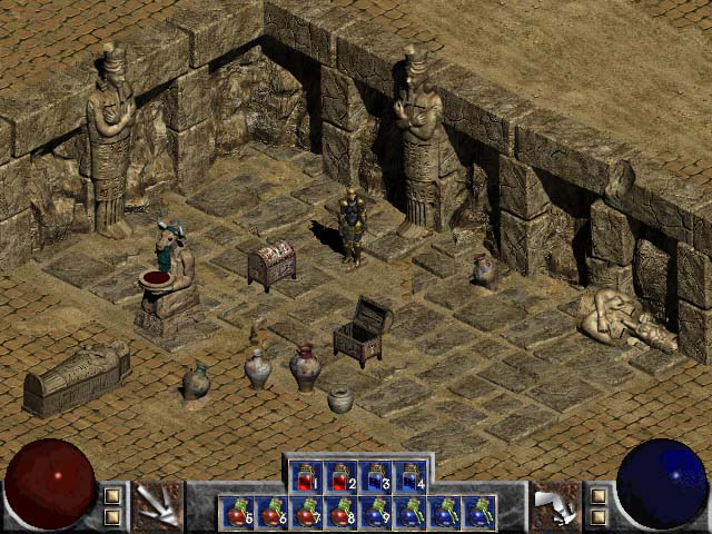 A rather bizarre screenshot - it shows a 12-potion interface bar. In the finished game, you could have up to 16 potions in belt, perhaps in this build a max-capacity belt would have had a 16-button bar? Also notable this has hotkeys assigned for potions 1-9. Also, the tomb graphics are shown in what looks like an above-ground area.