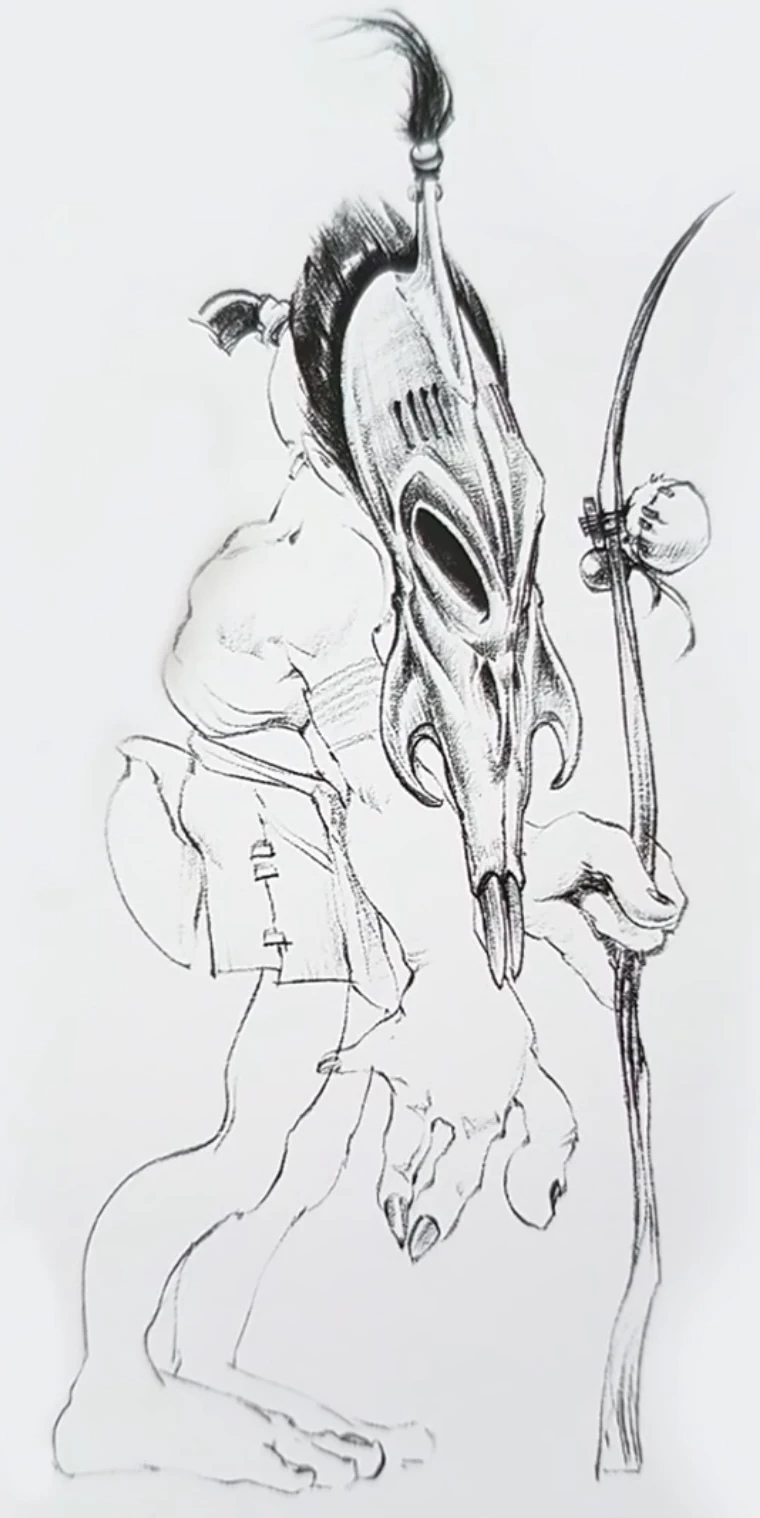 A drawing that looks closer to his final design but notably featuring two curved tusks on the sides of his mask.