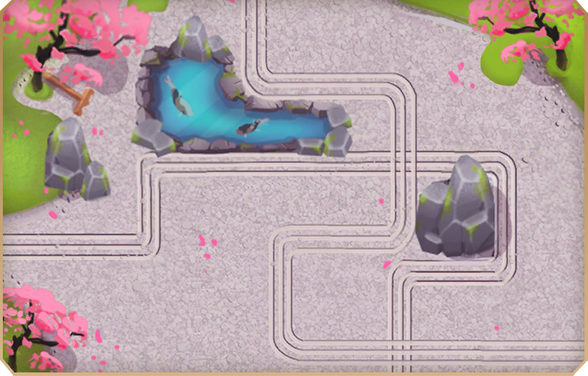 Rake. Rougher than the final. The raked paths are 3 pronged, and the rake on the map reflects this too. The trees have more sparse leaves, and there is a tree present in the bottom left. There is a generic rock where the monkey statue is present in the final. There are also large koi fish visible in the pond.