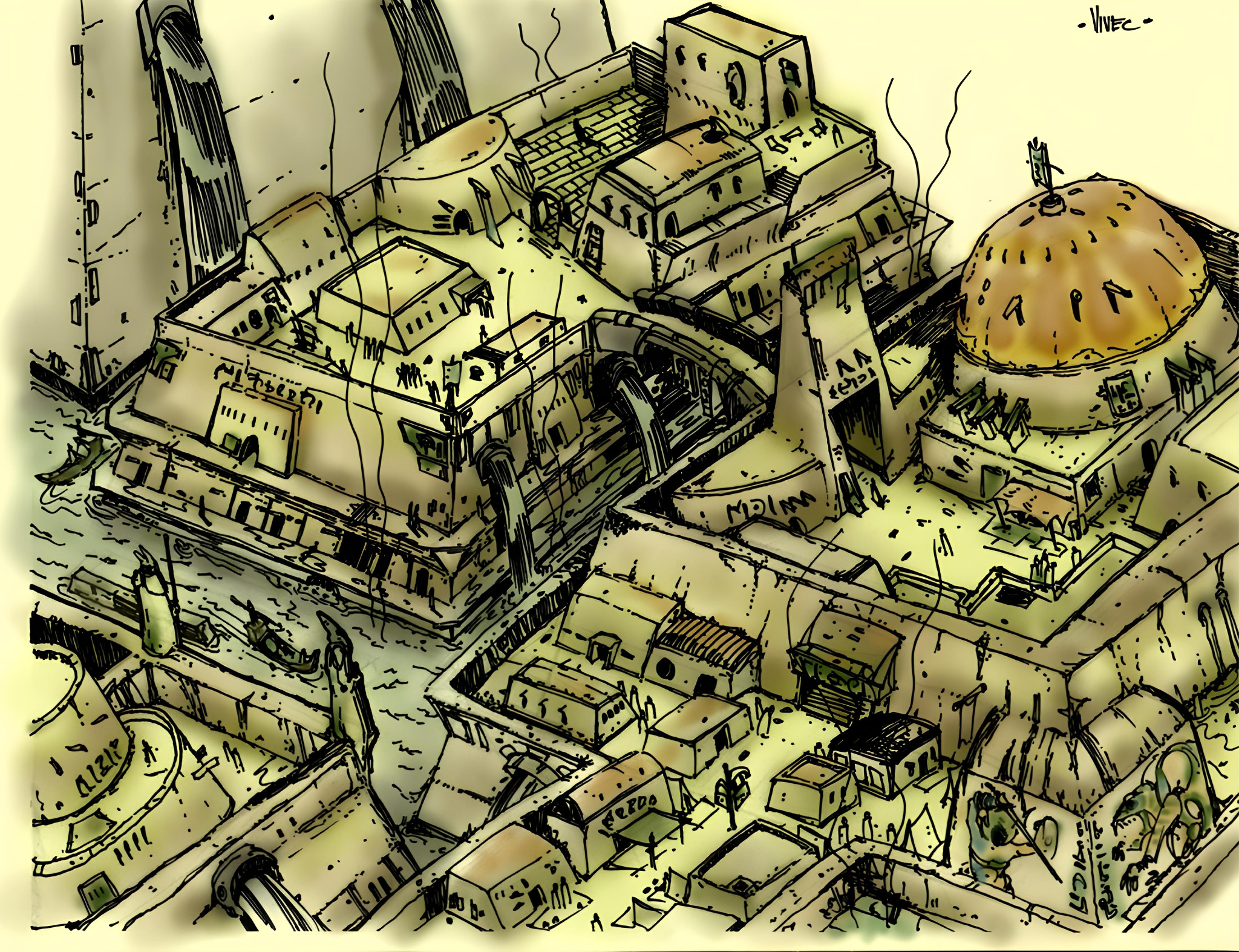 Aerial View of Vivec - Another aerial overview, this time of the city of Vivec. Vivec was envisioned as having open-topped cantons in this concept art, while they would be closed in the final game. The reason for this is because it was a performance issue early on, according to Douglas Goodall.