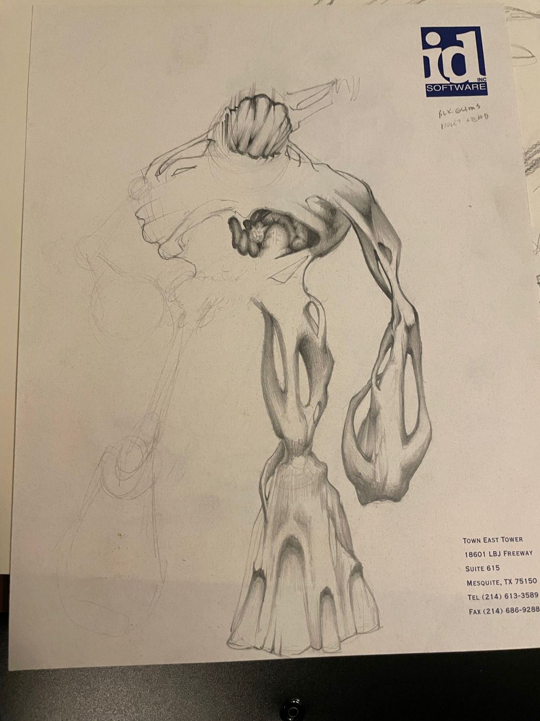 An early version of the next image. Handwritten notes near the id logo at the top right read: "BLKGUMS [sic] VIOLET HEAD".