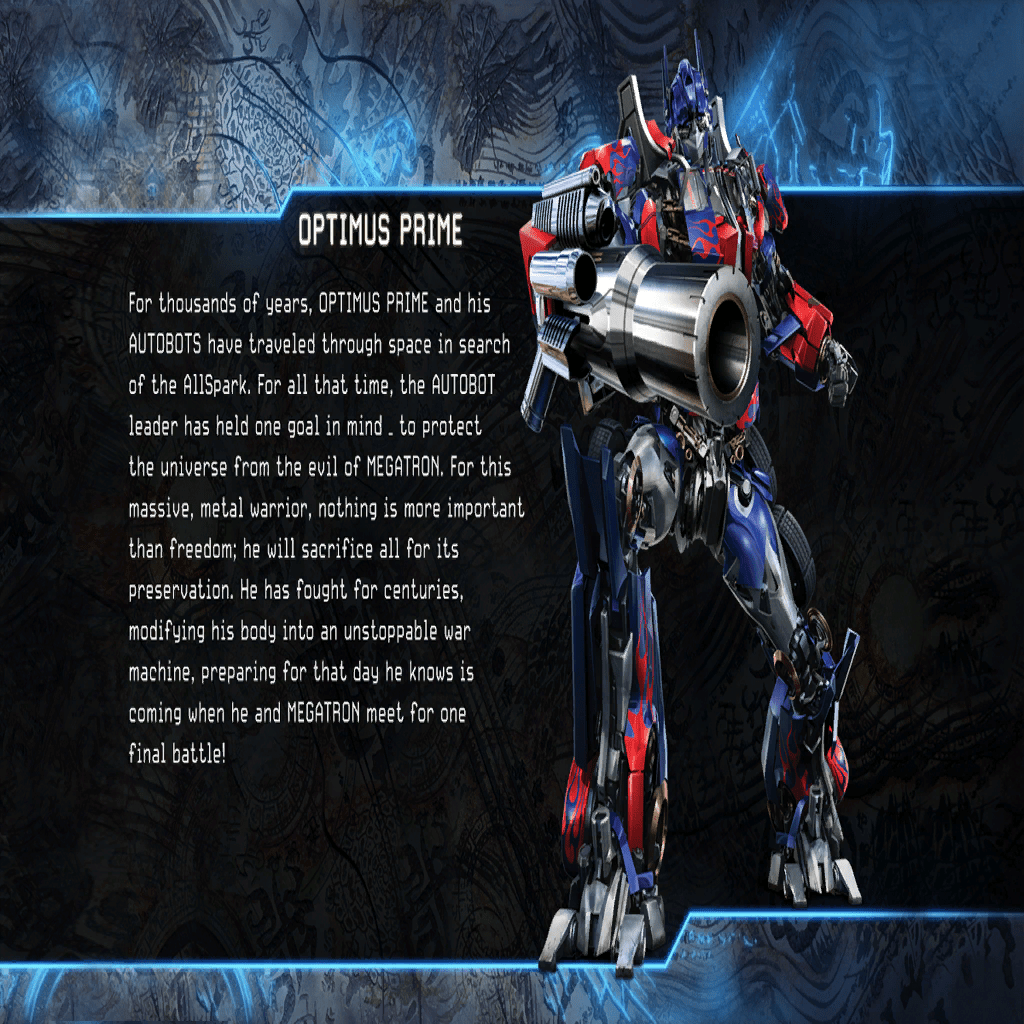 Optimus Prime's early bio. The bio is the same as the final game but uses a more updated render
