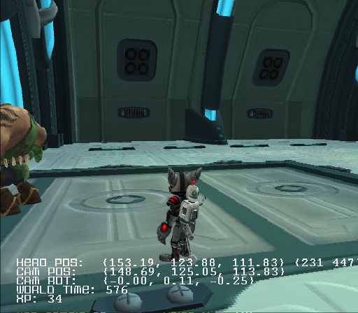 Draws some text on-screen with HERO POS being coordinates, CAM POS being the coordinates for the camera, CAM ROT being the camera rotation, WORLD TIME being the in-game-time that you've spent on x planet so far and XP being the total amount of XP you have gotten so far in your playthrough. This can be changed in the debug menu.