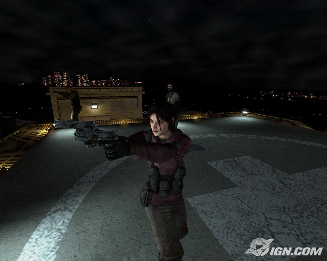 Zoey holding two M1911 pistols. Note the pistols' textures being much more worn and torn.