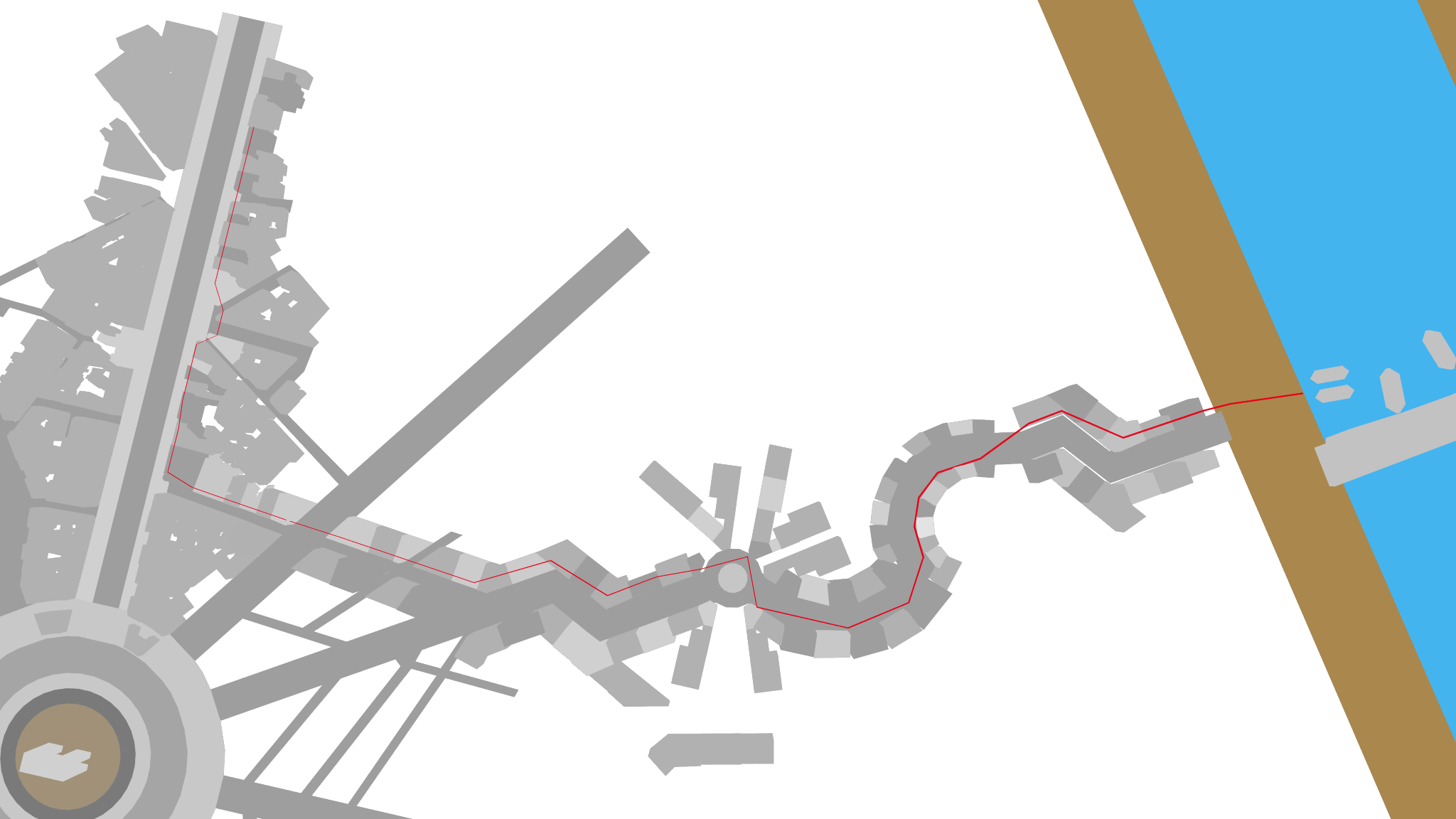 A closer look at z4401.dat, showing a red line leading towards the river on the right.